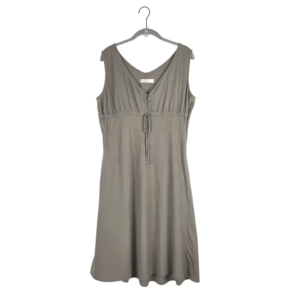 Linen Blend Brown Babydoll Sleeveless Midi Dress Lagenlook Cottagecore Boho